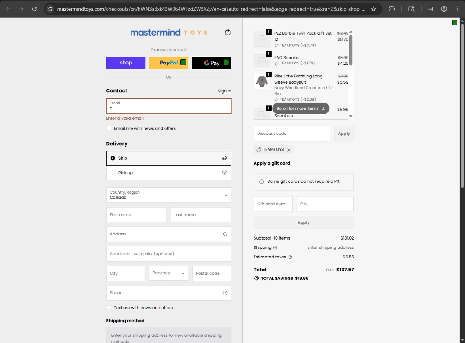 Mastermind Toys promo code screenshot showing code TEAMTOYS applied at Mastermind Toys checkout page. Uploaded by SimplyCodes community member zzzzzzza on Sep 30, 2025