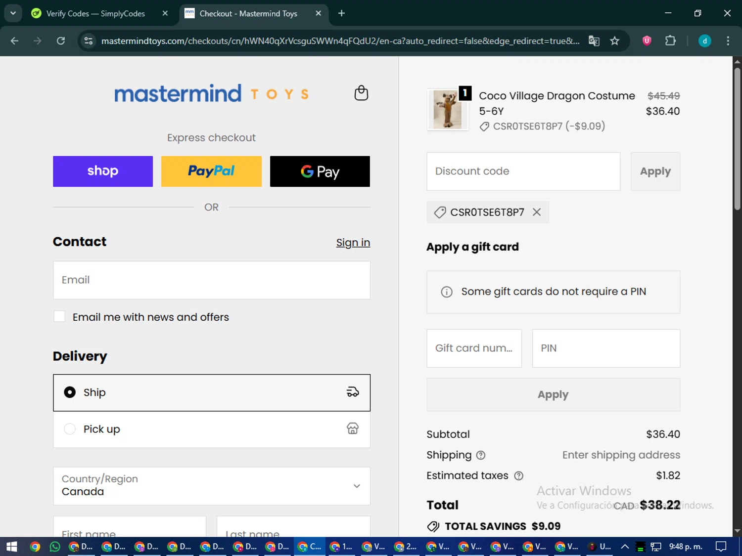 Mastermind Toys promo code screenshot showing code CSR0TSE6T8P7 applied at Mastermind Toys checkout page. Uploaded by SimplyCodes community member CodeMaverick5767 on Oct 12, 2025