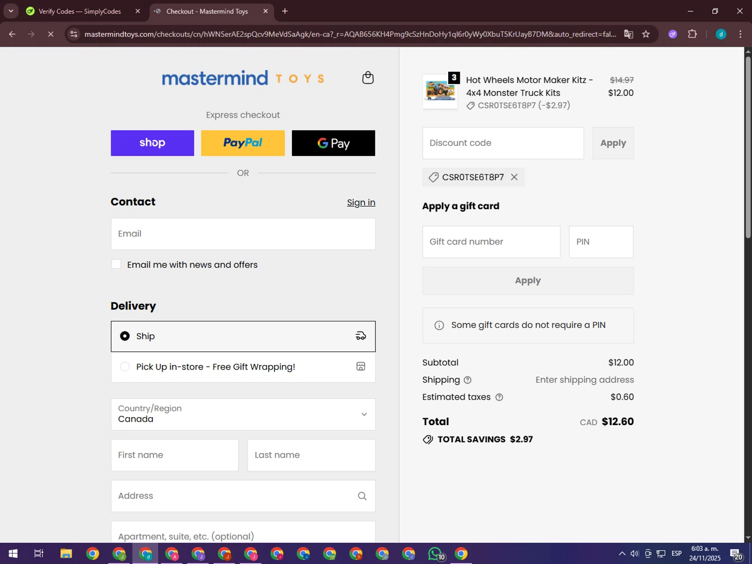 Mastermind Toys promo code screenshot showing code CSR0TSE6T8P7 applied at Mastermind Toys checkout page. Uploaded by SimplyCodes community member GloriousTiger3507 on Nov 24, 2025