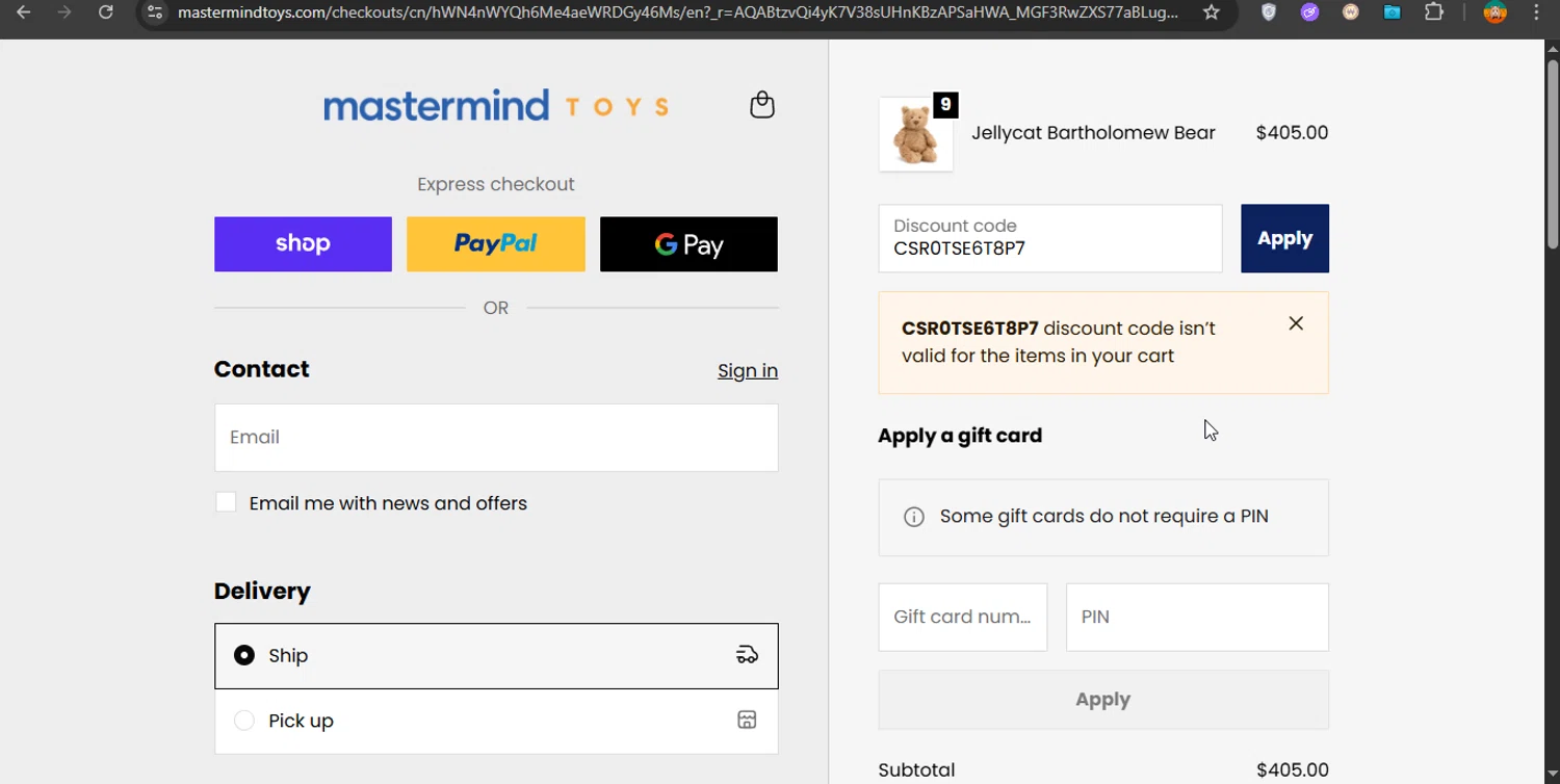 Mastermind Toys promo code screenshot showing code CSR0TSE6T8P7 applied at Mastermind Toys checkout page. Uploaded by SimplyCodes community member PrimeShopper6600 on Nov 1, 2025
