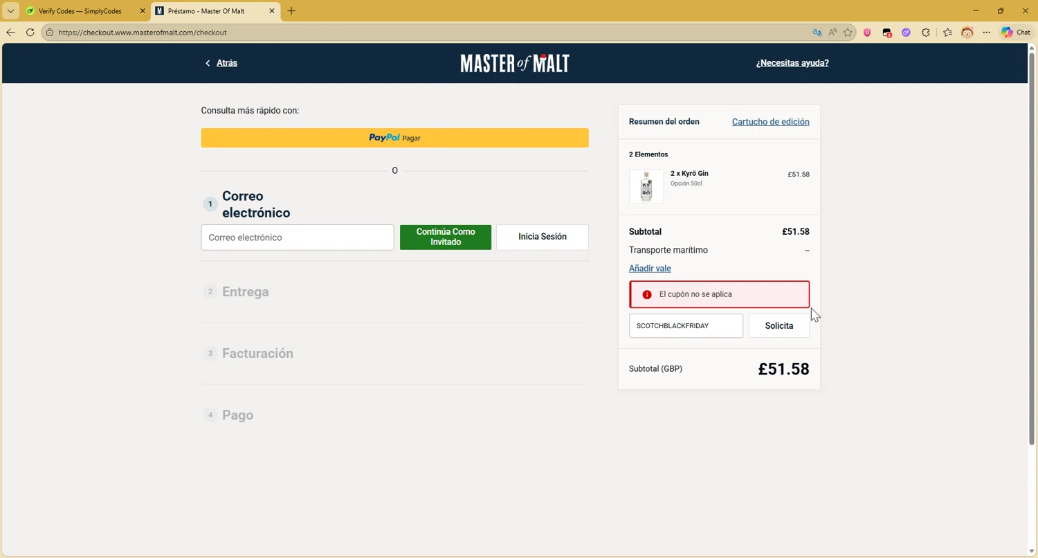 Master of Malt discount code screenshot showing code SCOTCHBLACKFRIDAY applied at Master of Malt checkout page. Uploaded by SimplyCodes community member CleverAce742 on Dec 22, 2025