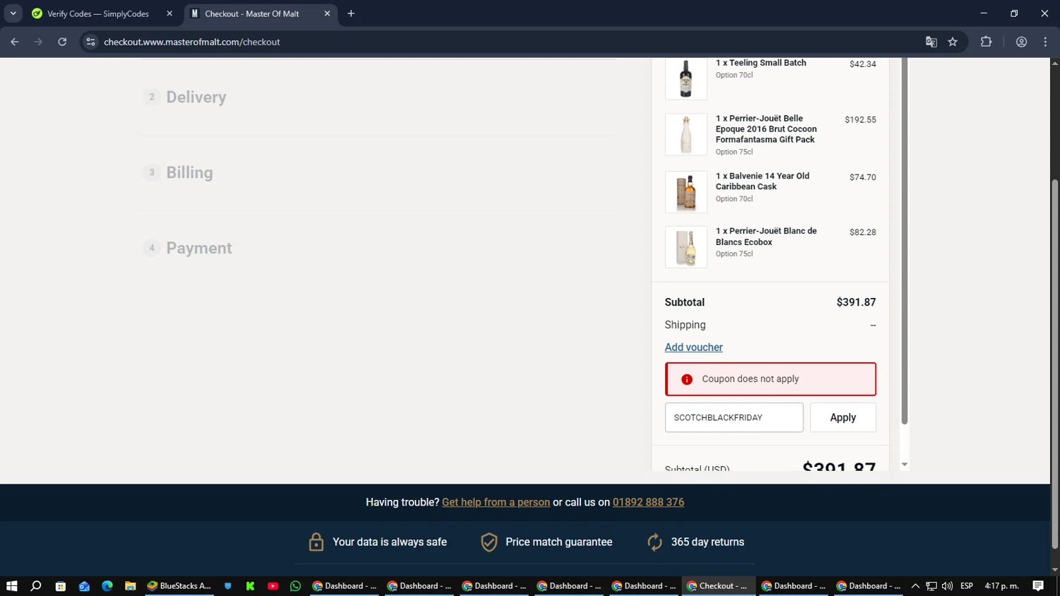 Master of Malt discount code screenshot showing code SCOTCHBLACKFRIDAY applied at Master of Malt checkout page. Uploaded by SimplyCodes community member CouponGuardian8137 on Dec 22, 2025