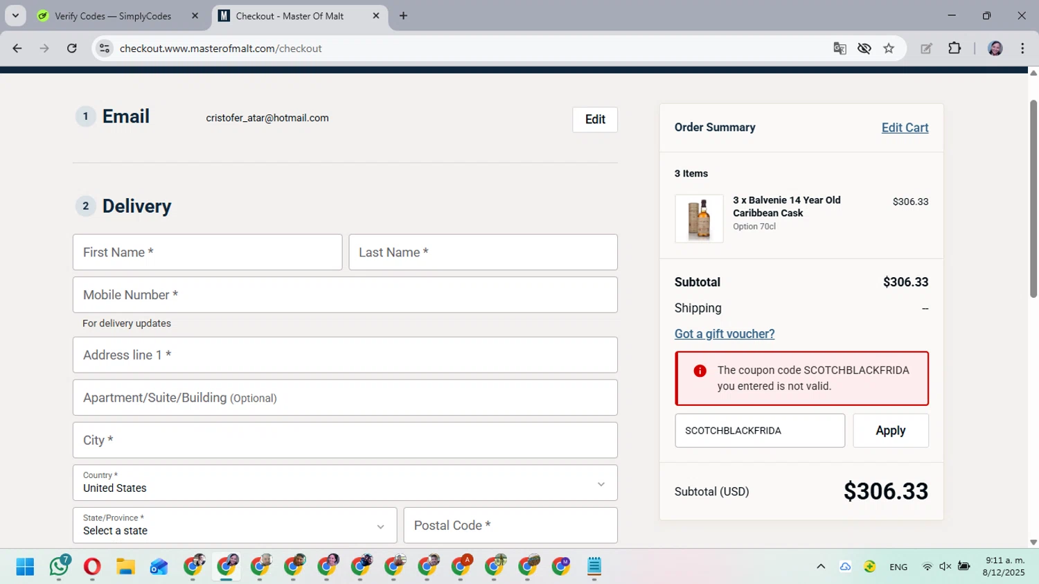 Master of Malt checkout page showing Master of Malt discount code box | Screenshot taken by SimplyCodes community member on Dec 8, 2025
