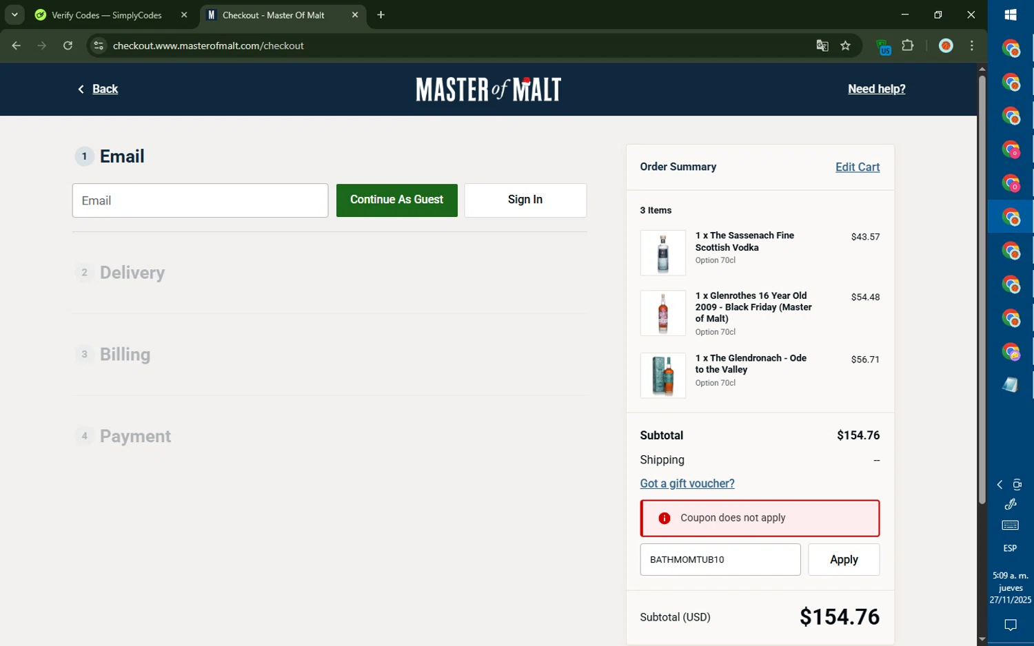 Master of Malt discount code screenshot showing code BATHMOMTUB10 applied at Master of Malt checkout page. Uploaded by SimplyCodes community member DealTiger9869 on Nov 27, 2025