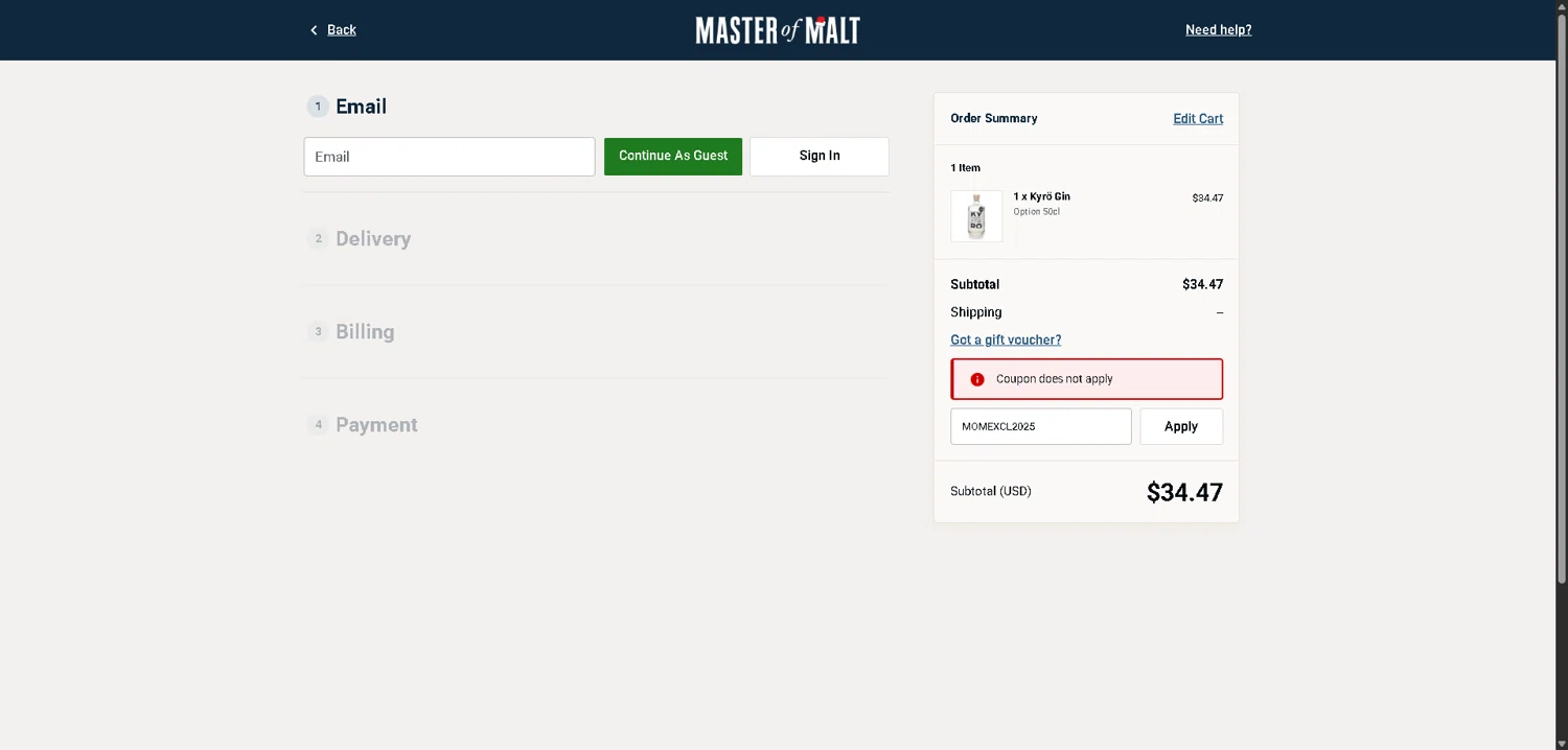 Master of Malt discount code screenshot showing code MOMEXCL2025 applied at Master of Malt checkout page. Uploaded by SimplyCodes community member DerekRoberson on Dec 20, 2025