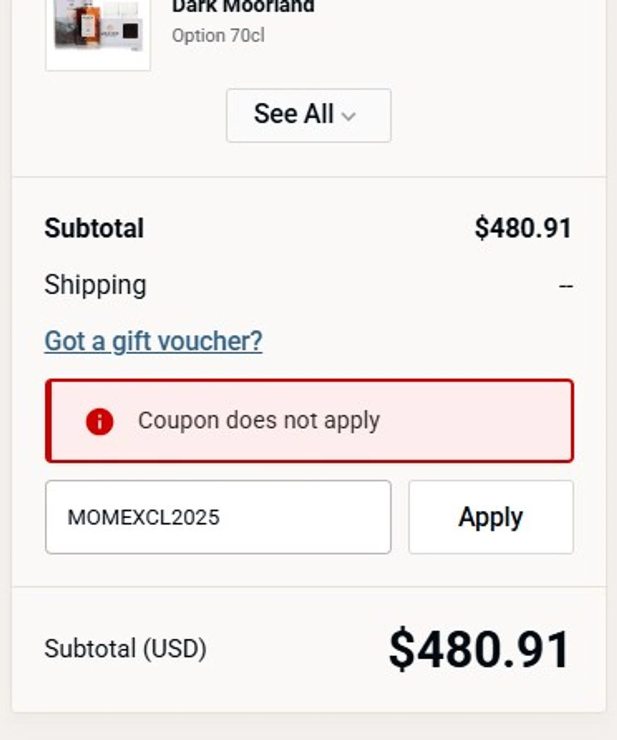 Master of Malt discount code screenshot showing code MOMEXCL2025 applied at Master of Malt checkout page. Uploaded by SimplyCodes community member RoyalSage2492 on Dec 20, 2025
