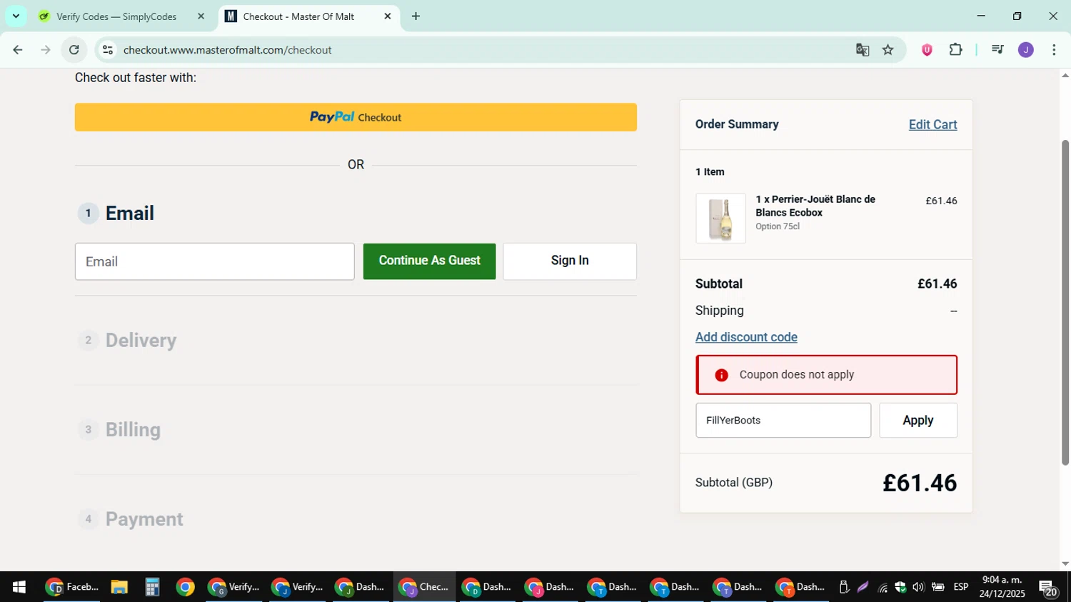 Master of Malt discount code screenshot showing code FillYerBoots applied at Master of Malt checkout page. Uploaded by SimplyCodes community member sniderjack453 on Dec 24, 2025