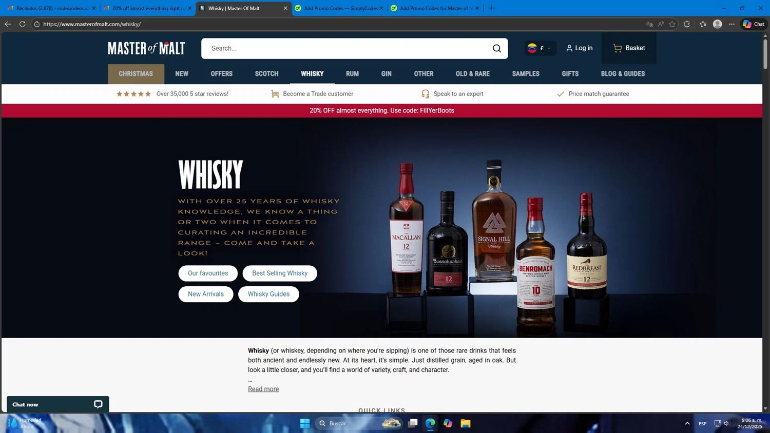 Master of Malt discount code screenshot showing code FILLYERBOOTS applied at Master of Malt checkout page. Uploaded by SimplyCodes community member Mdeoca on Dec 24, 2025