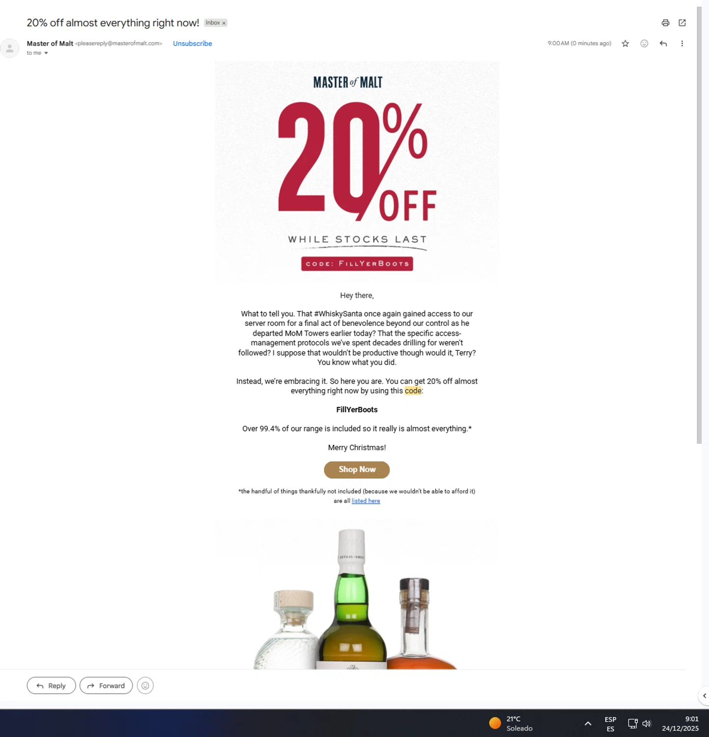 Master of Malt discount code screenshot showing code FillYerBoots applied at Master of Malt checkout page. Uploaded by SimplyCodes community member UnkNownVnzla on Dec 24, 2025