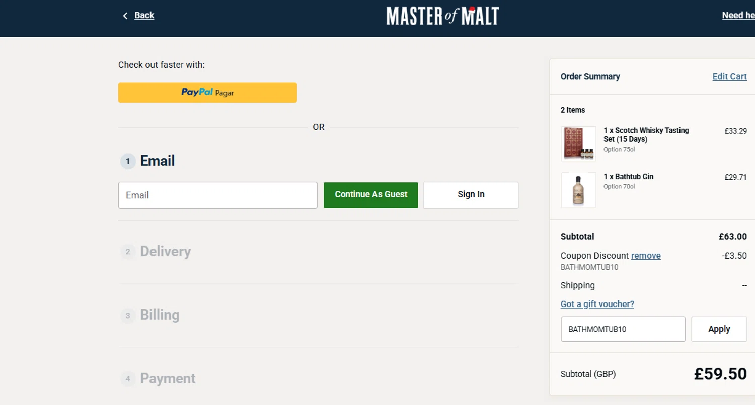 Master of Malt discount code screenshot showing code BATHMOMTUB10 applied at Master of Malt checkout page. Uploaded by SimplyCodes community member ashe1986 on Nov 27, 2025