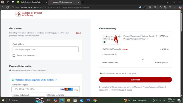 Master of Project Academy checkout page showing Master of Project Academy promo code box | Screenshot taken by SimplyCodes community member on Jan 7, 2025