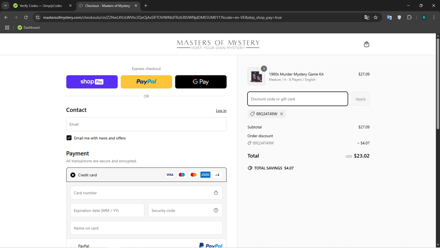 Masters of Mystery discount code screenshot showing code 88Q34T49W applied at Masters of Mystery checkout page. Uploaded by SimplyCodes community member Coneflavols on Apr 1, 2025