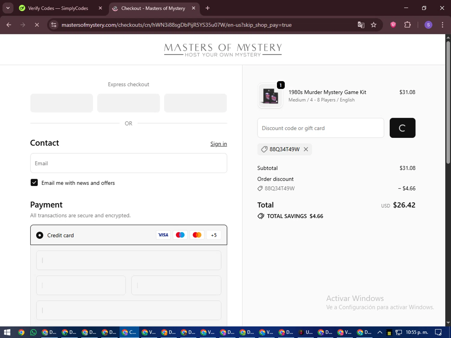Masters of Mystery discount code screenshot showing code 88Q34T49W applied at Masters of Mystery checkout page. Uploaded by SimplyCodes community member LuckyVoyager688 on Oct 4, 2025
