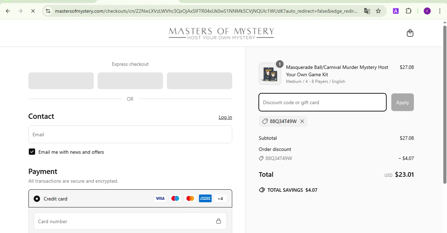Masters of Mystery discount code screenshot showing code 88Q34T49W applied at Masters of Mystery checkout page. Uploaded by SimplyCodes community member SmartVoyager1455 on Apr 1, 2025