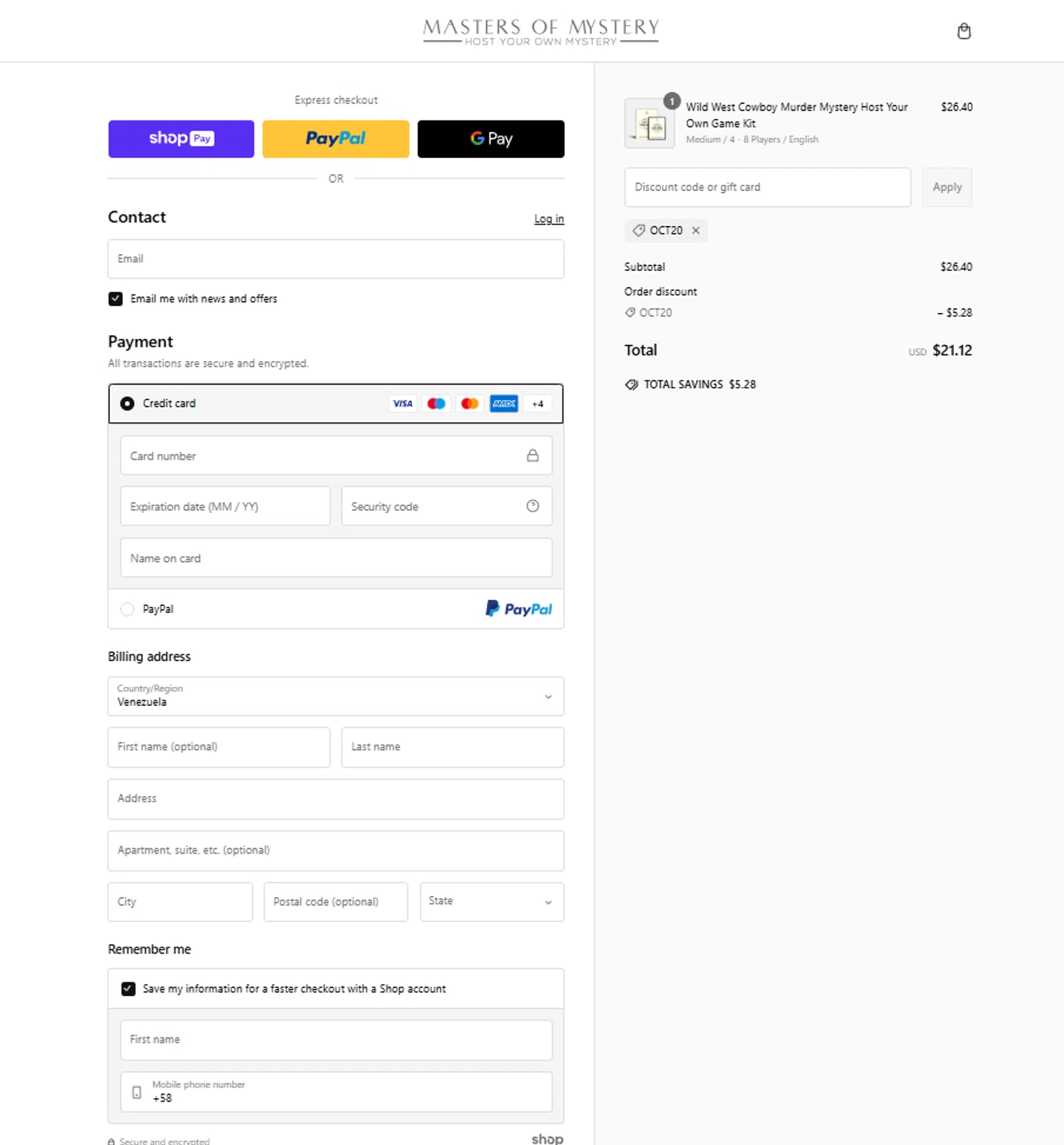 Masters of Mystery discount code screenshot showing code OCT20 applied at Masters of Mystery checkout page. Uploaded by SimplyCodes community member ElonMusk on Feb 28, 2025