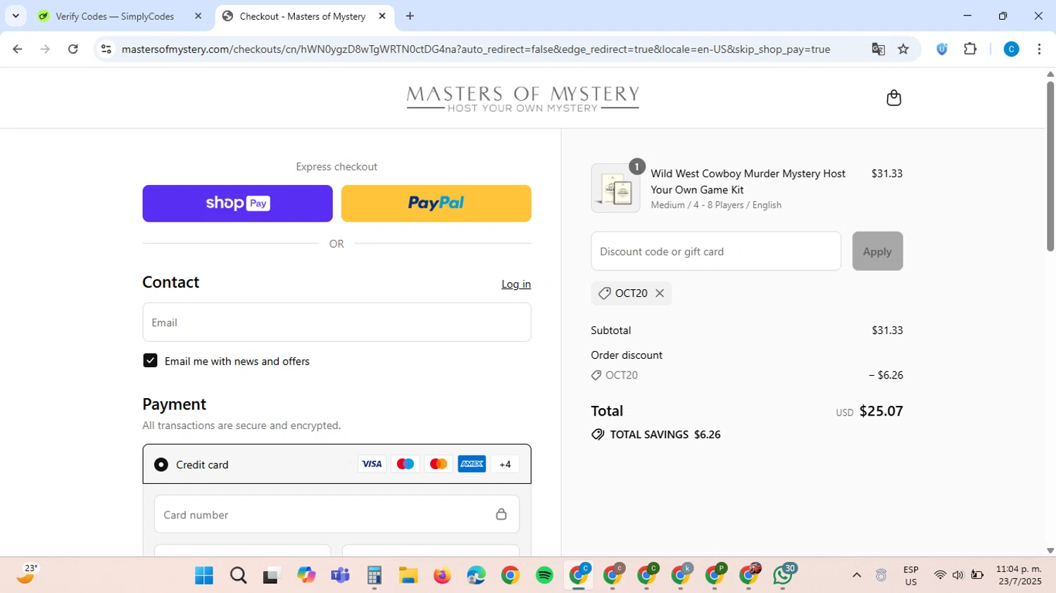 Masters of Mystery discount code screenshot showing code OCT20 applied at Masters of Mystery checkout page. Uploaded by SimplyCodes community member ScanAce2966 on Jul 24, 2025