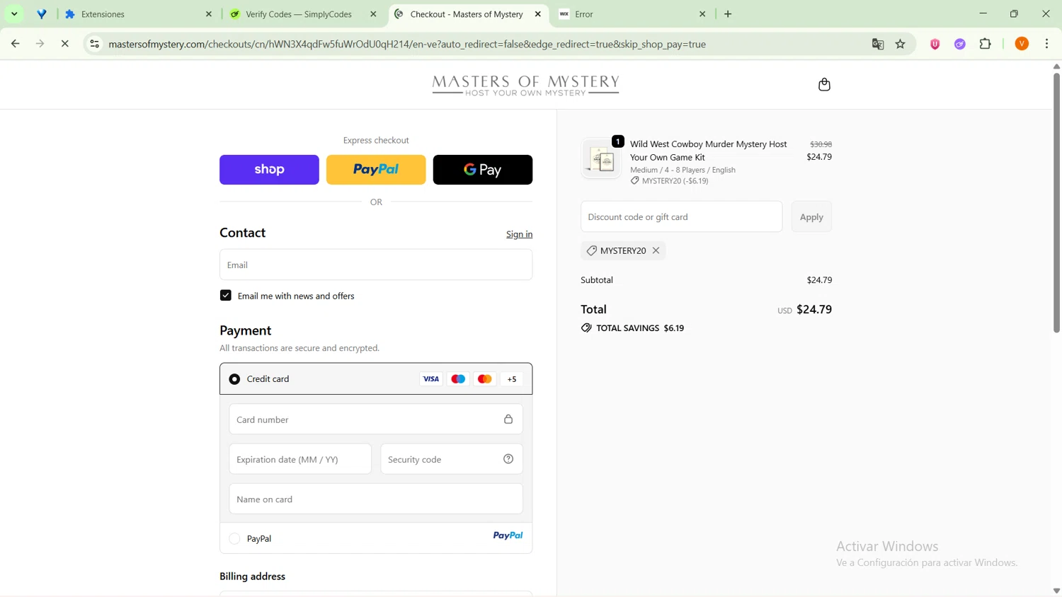 Masters of Mystery discount code screenshot showing code MYSTERY20 applied at Masters of Mystery checkout page. Uploaded by SimplyCodes community member GoldFox1696 on Sep 29, 2025