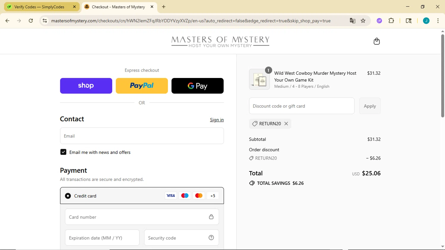 Masters of Mystery discount code screenshot showing code RETURN20 applied at Masters of Mystery checkout page. Uploaded by SimplyCodes community member GoldDefender3268 on Sep 9, 2025