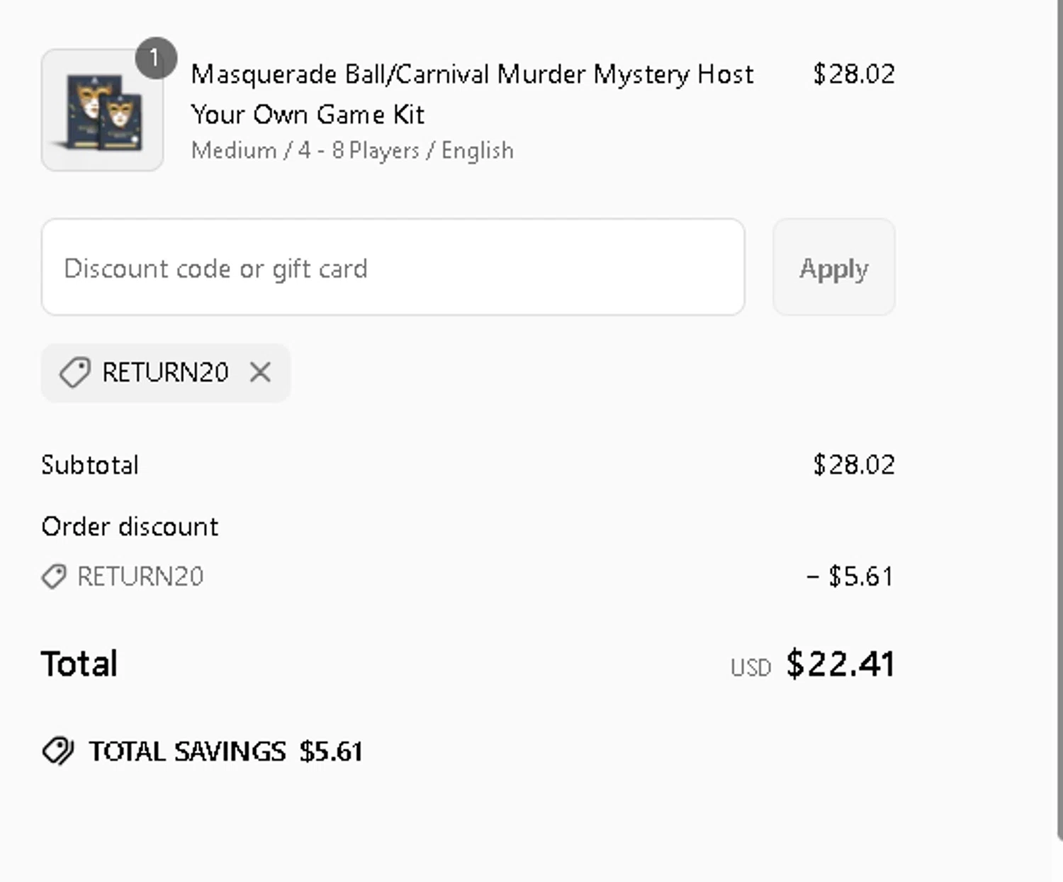 Masters of Mystery discount code screenshot showing code RETURN20 applied at Masters of Mystery checkout page. Uploaded by SimplyCodes community member MightyPhoenix5865 on May 6, 2025