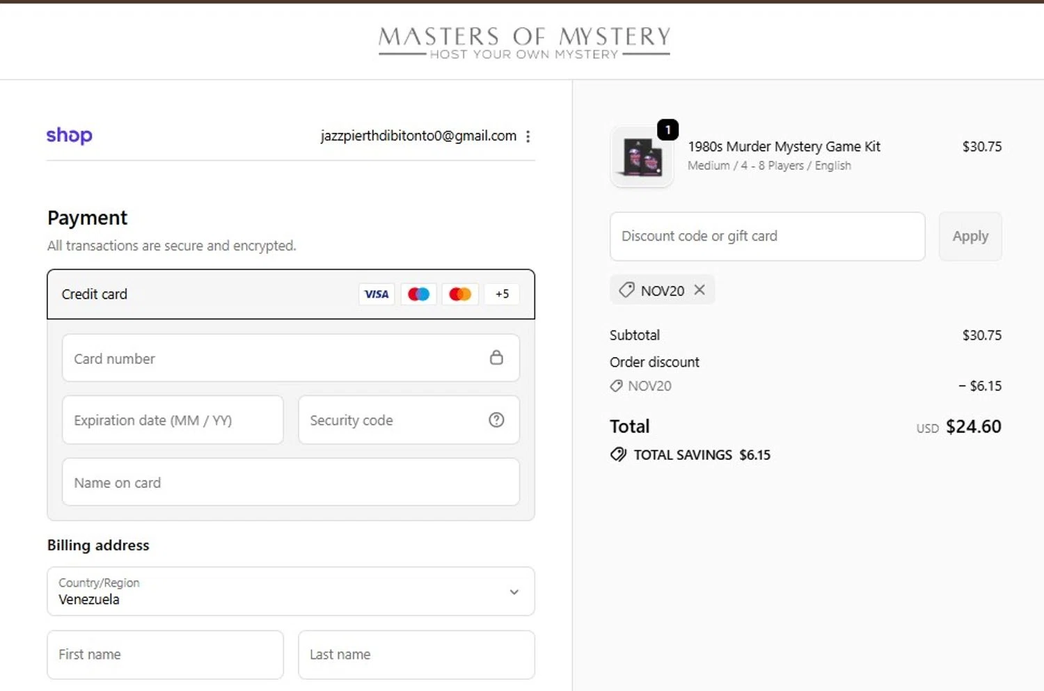 Masters of Mystery discount code screenshot showing code NOV20 applied at Masters of Mystery checkout page. Uploaded by SimplyCodes community member MagnificentCollector7829 on Dec 6, 2025