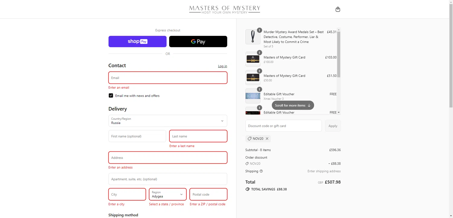Masters of Mystery discount code screenshot showing code NOV20 applied at Masters of Mystery checkout page. Uploaded by SimplyCodes community member RewardTitan728 on Jul 19, 2025