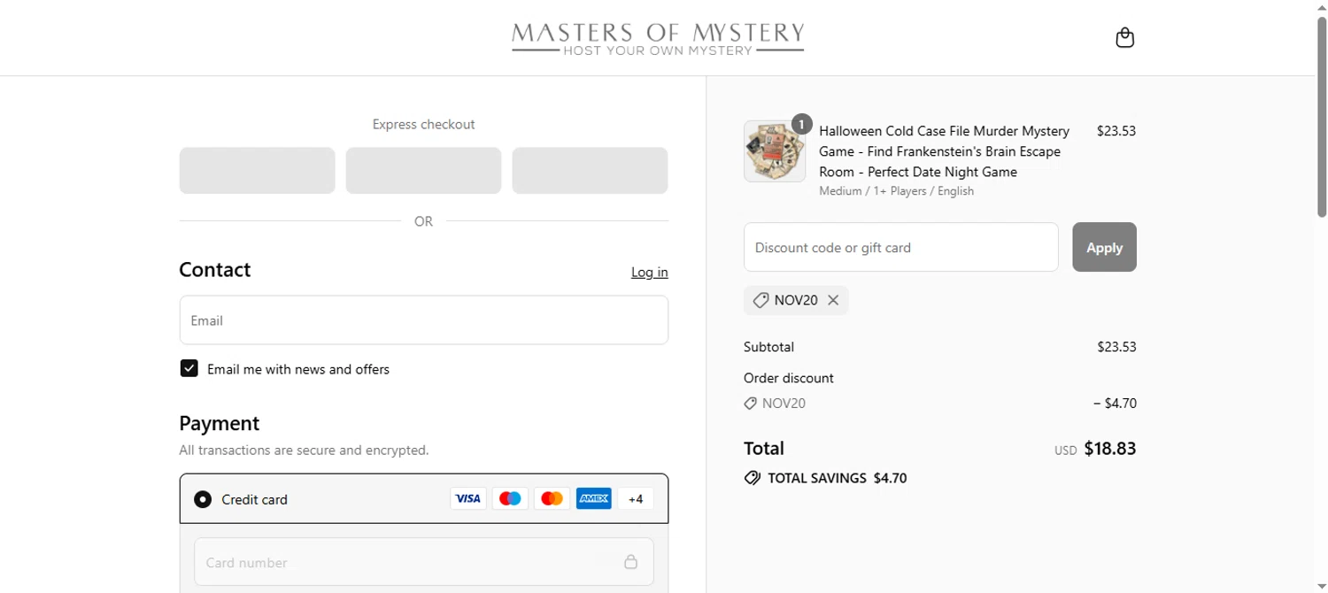 Masters of Mystery discount code screenshot showing code NOV20 applied at Masters of Mystery checkout page. Uploaded by SimplyCodes community member tulomalkovich on Jul 24, 2025