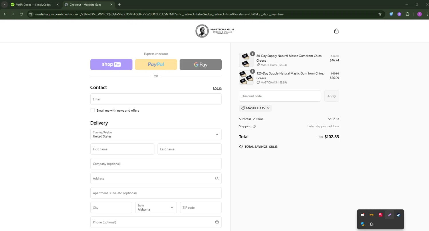 Masticha Gum promo code screenshot showing code MASTICHA15 applied at Masticha Gum checkout page. Uploaded by SimplyCodes community member RoyalSentinel4577 on Jun 19, 2025
