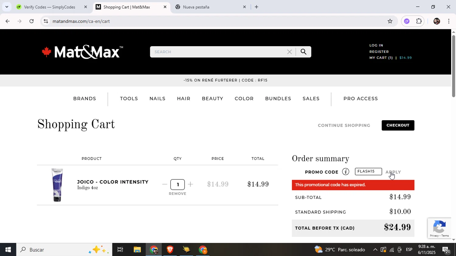 Mat&Max promo code screenshot showing code FLASH15 applied at Mat&Max checkout page. Uploaded by SimplyCodes community member Junniorduno on Nov 6, 2025