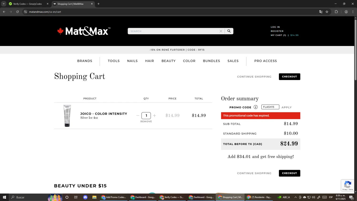 Mat&Max promo code screenshot showing code FLASH15 applied at Mat&Max checkout page. Uploaded by SimplyCodes community member Pirlo420 on Nov 6, 2025