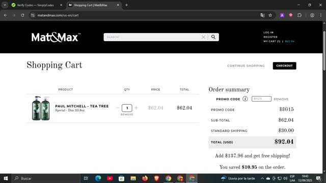 Mat&Max checkout page showing Mat&Max promo code box | Screenshot taken by SimplyCodes community member on Sep 12, 2025