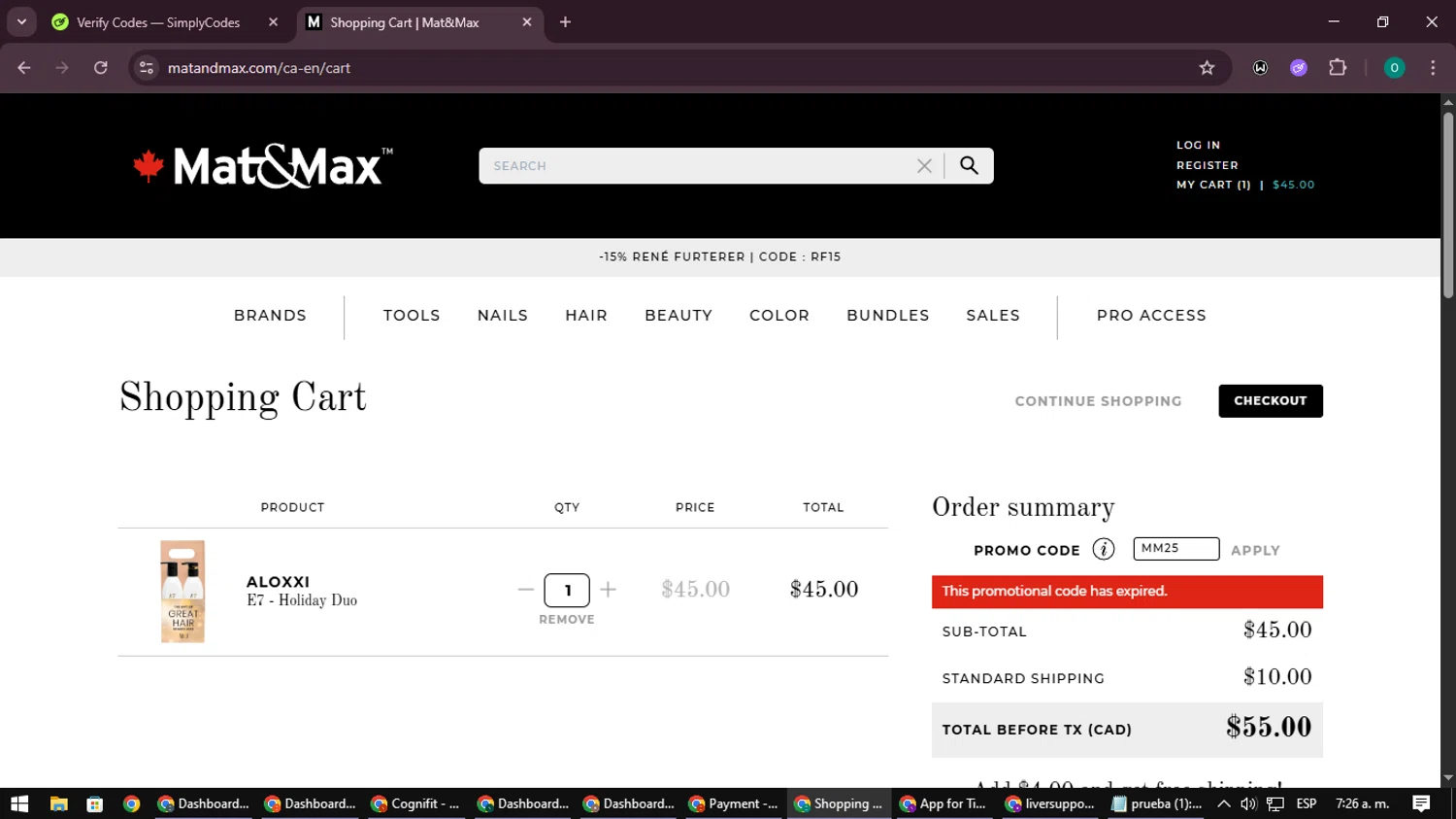 Mat&Max promo code screenshot showing code MM25 applied at Mat&Max checkout page. Uploaded by SimplyCodes community member LuckyDefender9428 on Nov 26, 2025