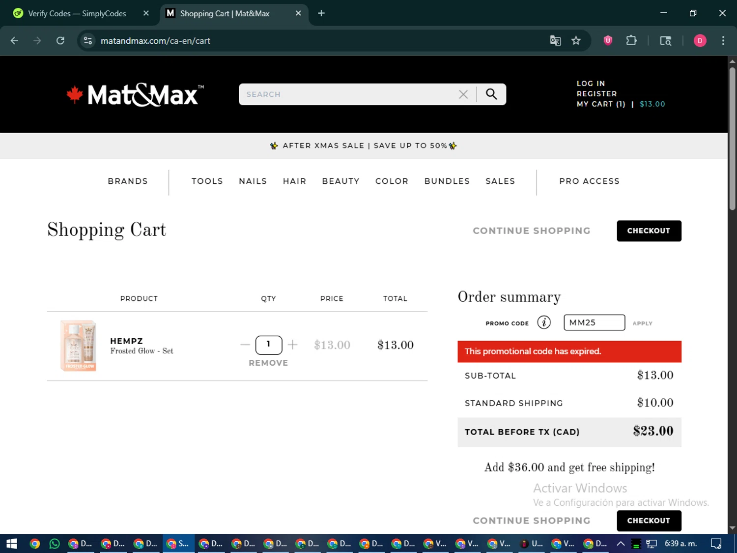 Mat&Max promo code screenshot showing code MM25 applied at Mat&Max checkout page. Uploaded by SimplyCodes community member MoneySeeker7165 on Dec 28, 2025