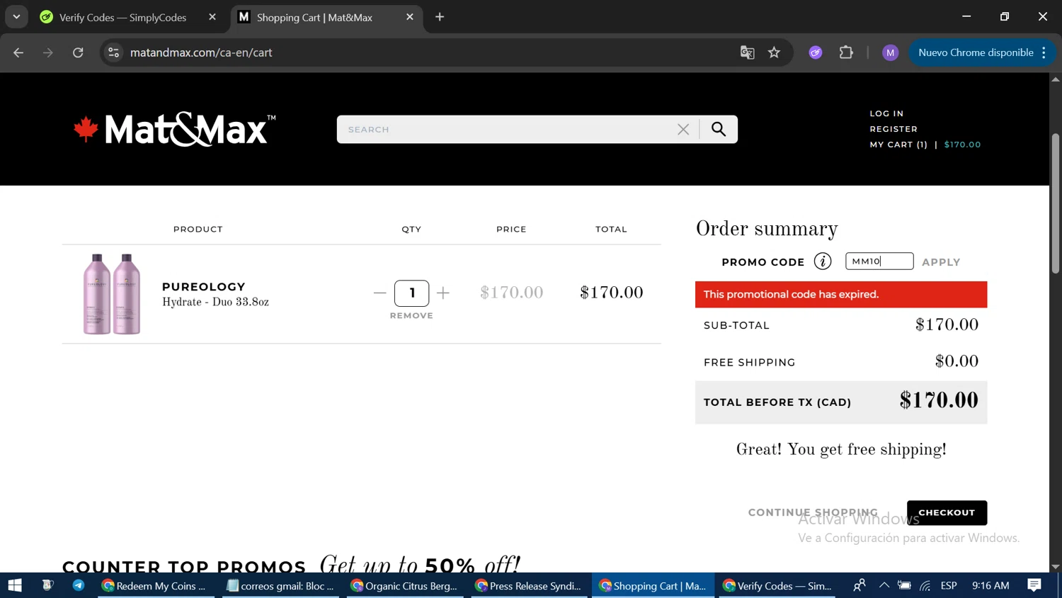 Mat&Max promo code screenshot showing code MM10 applied at Mat&Max checkout page. Uploaded by SimplyCodes community member CodeLegend9632 on Jul 9, 2025