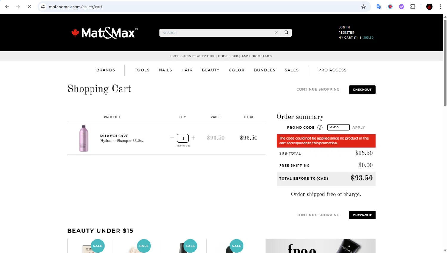 Mat&Max promo code screenshot showing code MM10 applied at Mat&Max checkout page. Uploaded by SimplyCodes community member Francisco01 on Jan 11, 2026