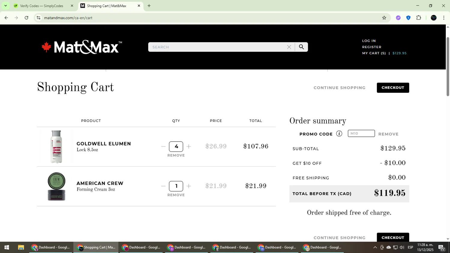 Mat&Max promo code screenshot showing code M10 applied at Mat&Max checkout page. Uploaded by SimplyCodes community member CarmenVGR on Dec 13, 2025