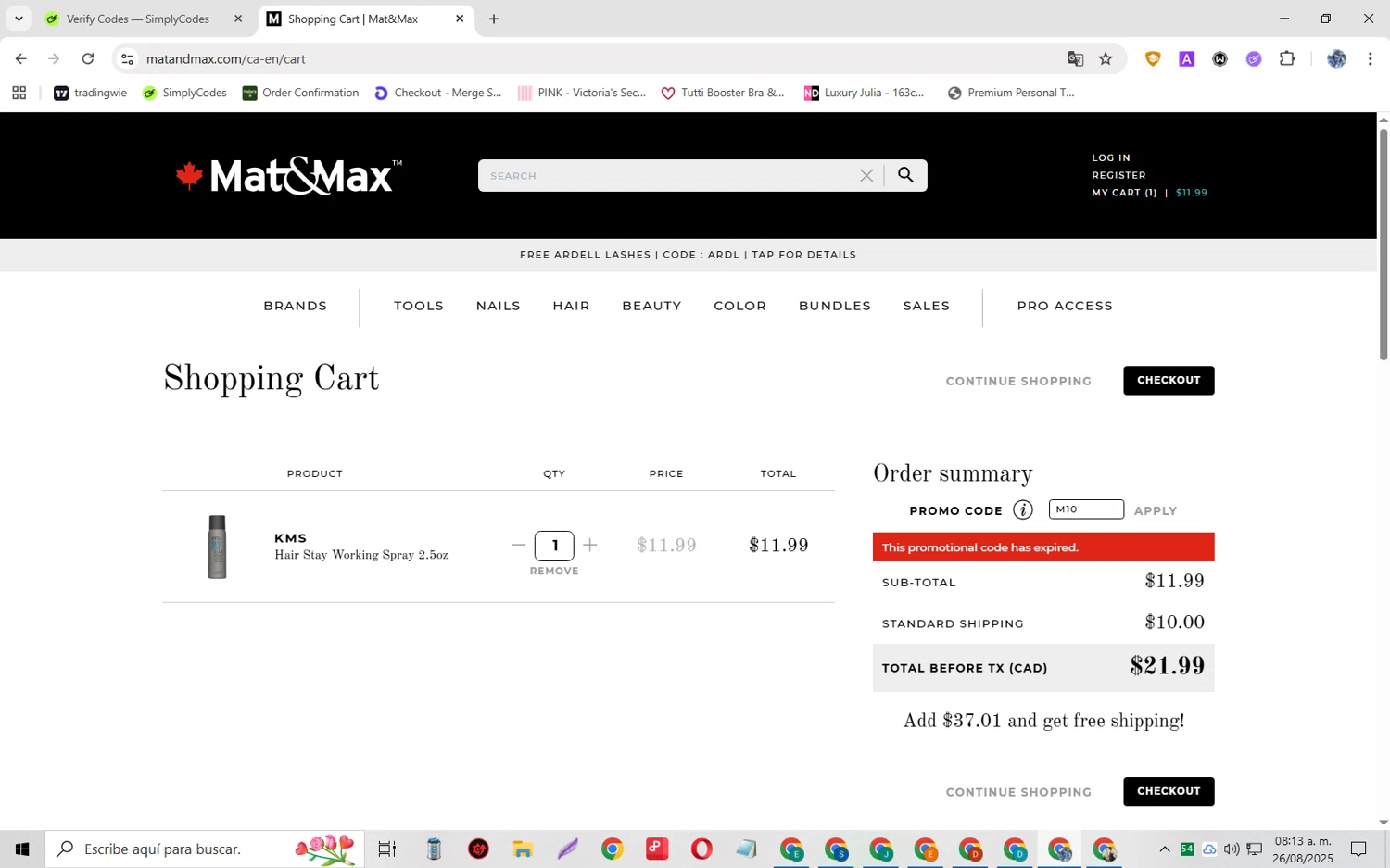 Mat&Max promo code screenshot showing code M10 applied at Mat&Max checkout page. Uploaded by SimplyCodes community member JoseH45 on Aug 26, 2025