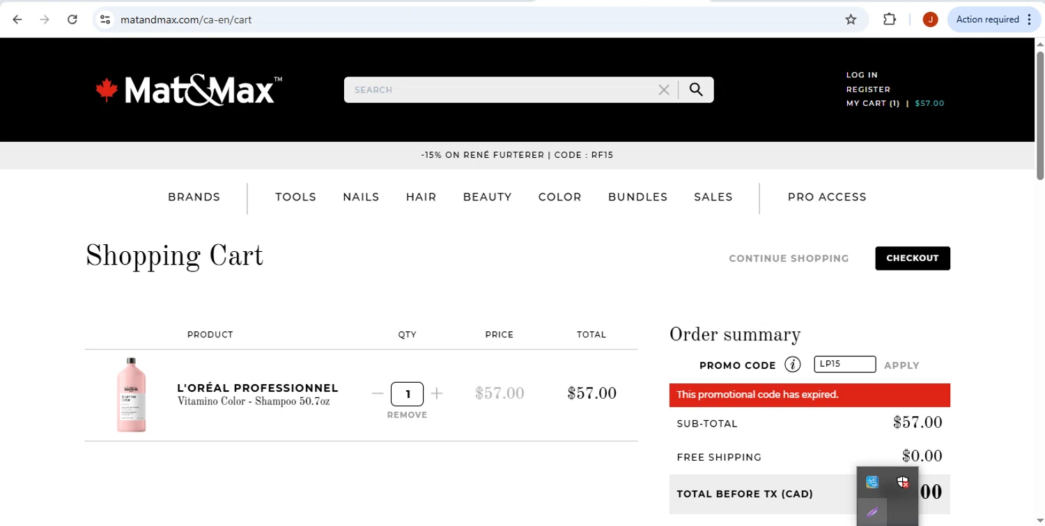 Mat&Max promo code screenshot showing code LP15 applied at Mat&Max checkout page. Uploaded by SimplyCodes community member Fabio05 on Nov 4, 2025