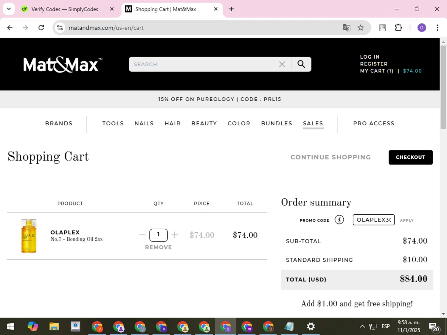 Mat&Max promo code screenshot showing code OLAPLEX30 applied at Mat&Max checkout page. Uploaded by SimplyCodes community member CleverLynx8245 on Jan 11, 2025