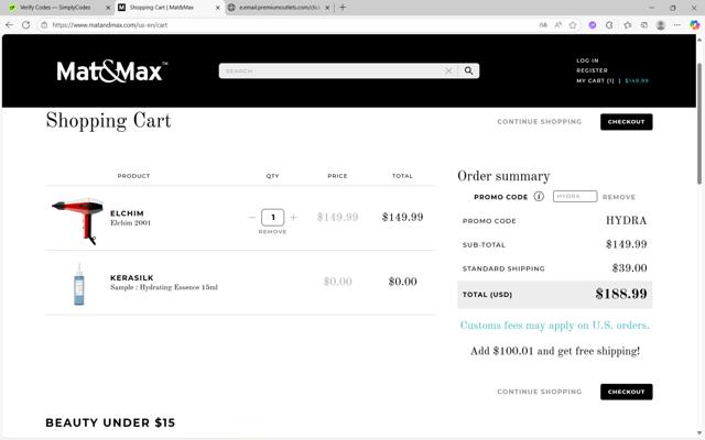 Mat&Max checkout page showing Mat&Max promo code box | Screenshot taken by SimplyCodes community member on Sep 18, 2025