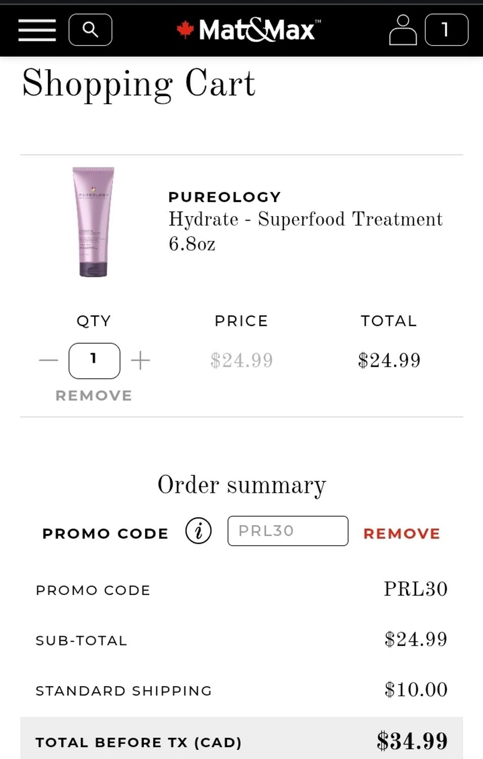 Mat&Max promo code screenshot showing code PRL30 applied at Mat&Max checkout page. Uploaded by SimplyCodes community member ValiantCurator3344 on Feb 3, 2026