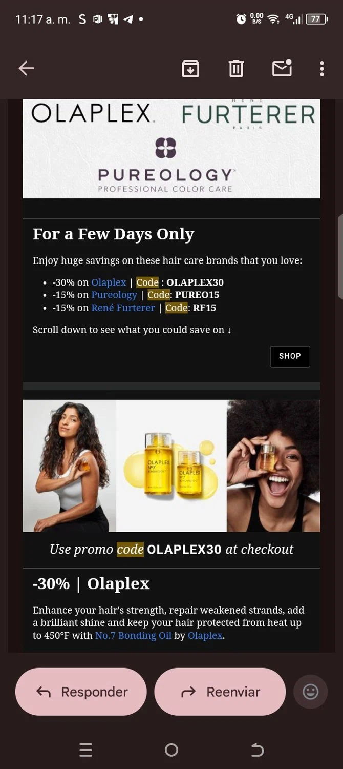 Mat&Max promo code screenshot showing code OLAPLEX30 applied at Mat&Max checkout page. Uploaded by SimplyCodes community member kellymoreno on Dec 18, 2025