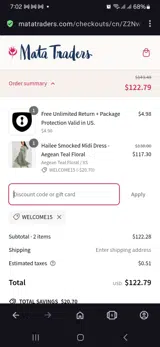 Welcome15 coupon verification screenshot
