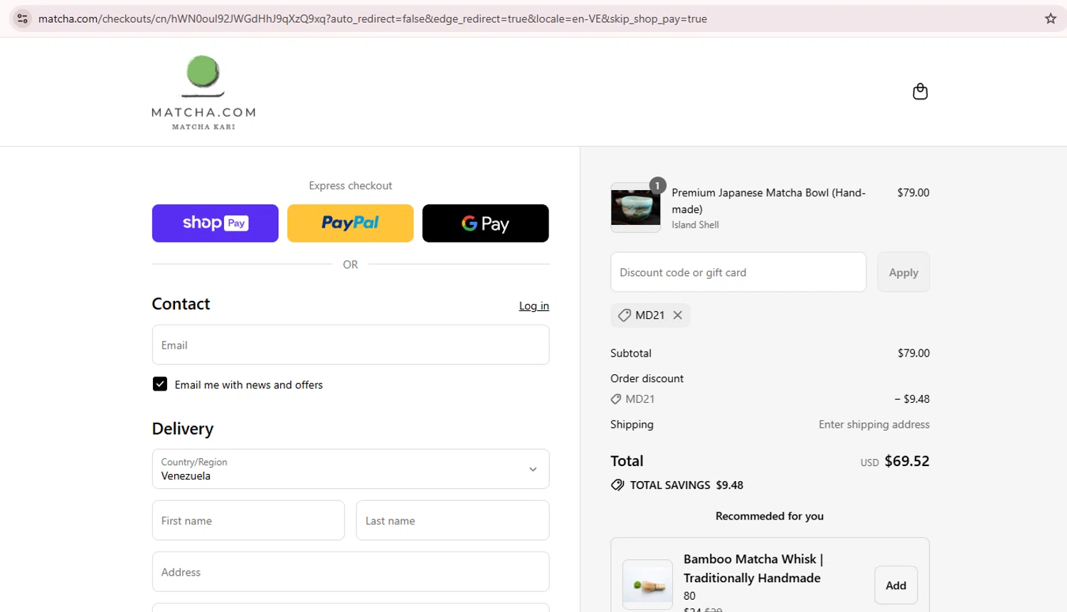 Matcha discount code screenshot showing code MD21 applied at Matcha checkout page. Uploaded by SimplyCodes community member Teamgorila on Jul 19, 2025