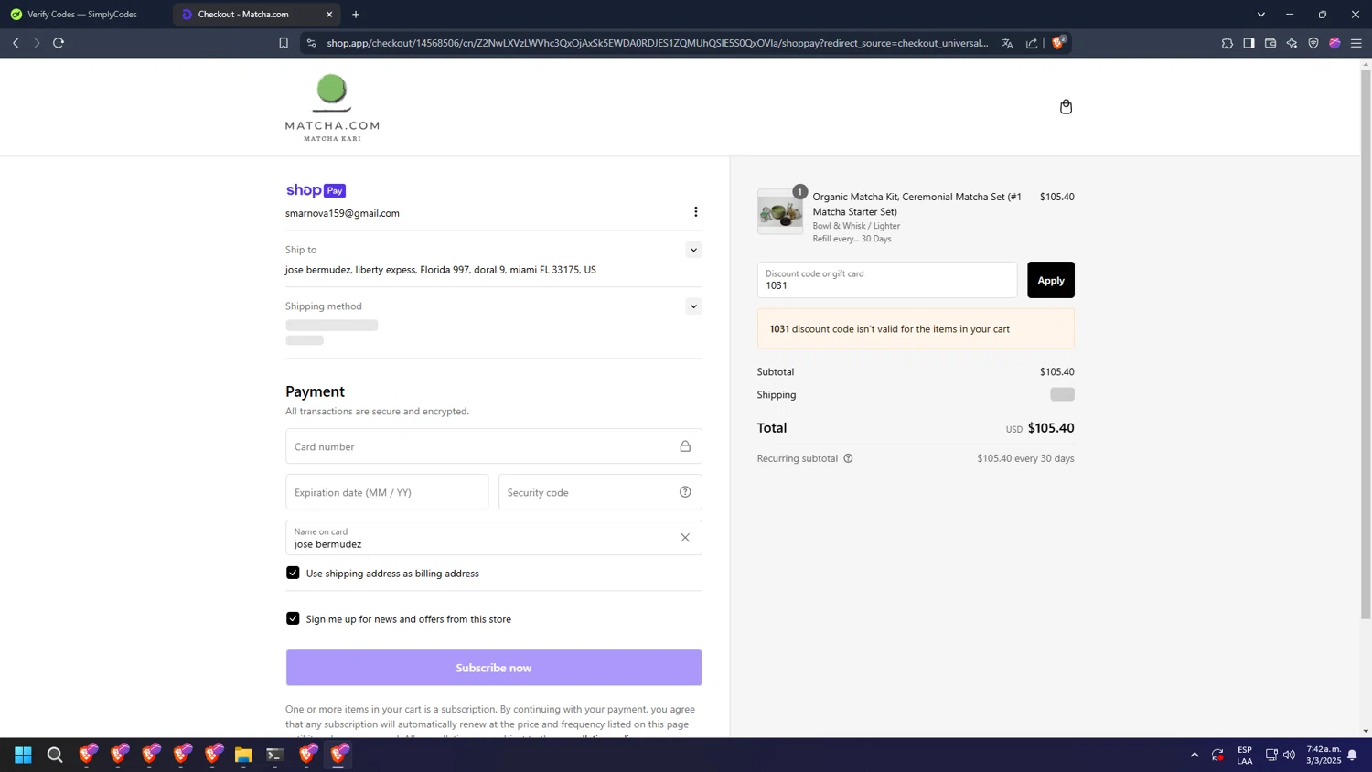 Matcha discount code screenshot showing code 1031 applied at Matcha checkout page. Uploaded by SimplyCodes community member diosgreed2030 on Mar 3, 2025