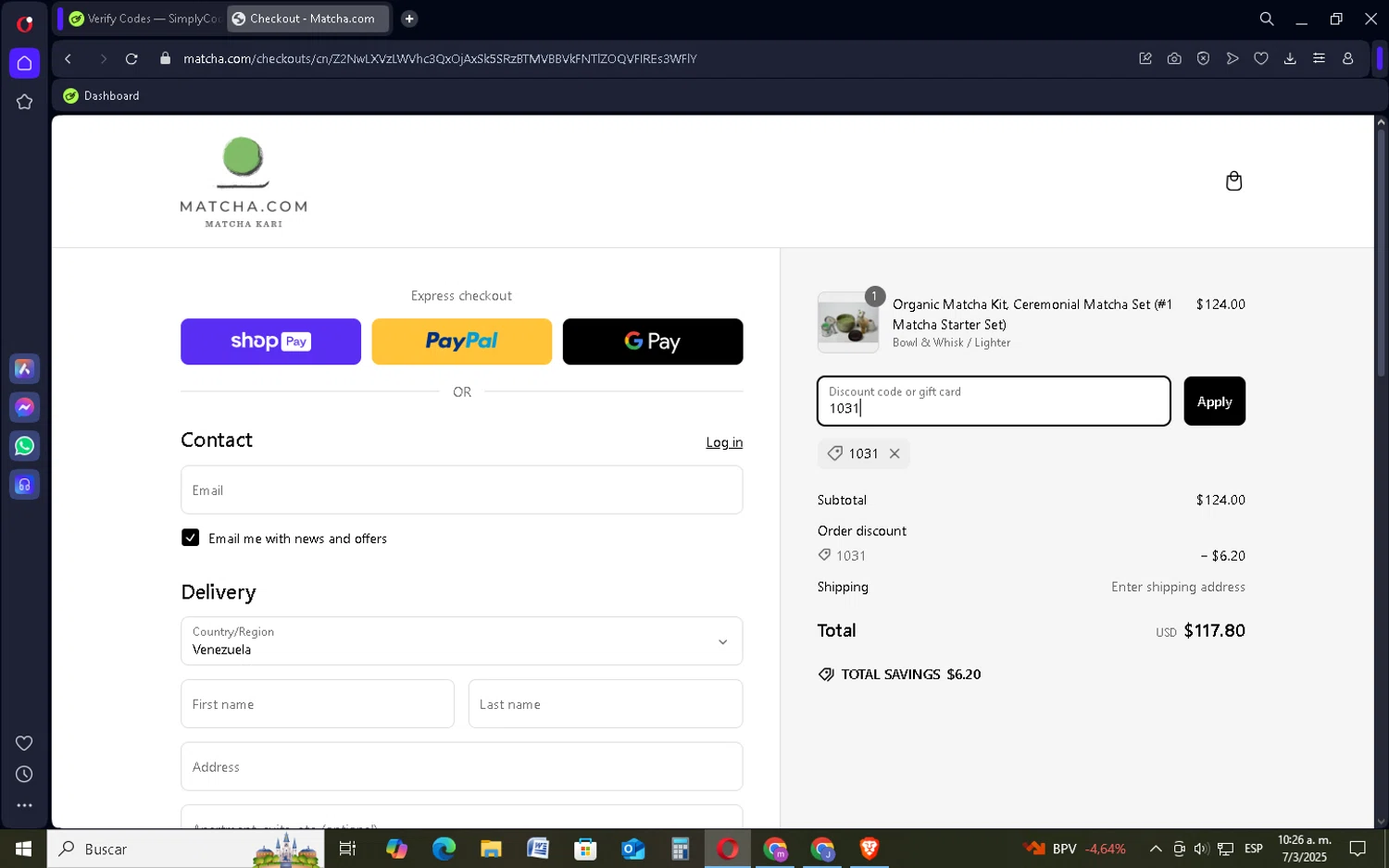 Matcha discount code screenshot showing code 1031 applied at Matcha checkout page. Uploaded by SimplyCodes community member SavingsSentinel833 on Mar 7, 2025