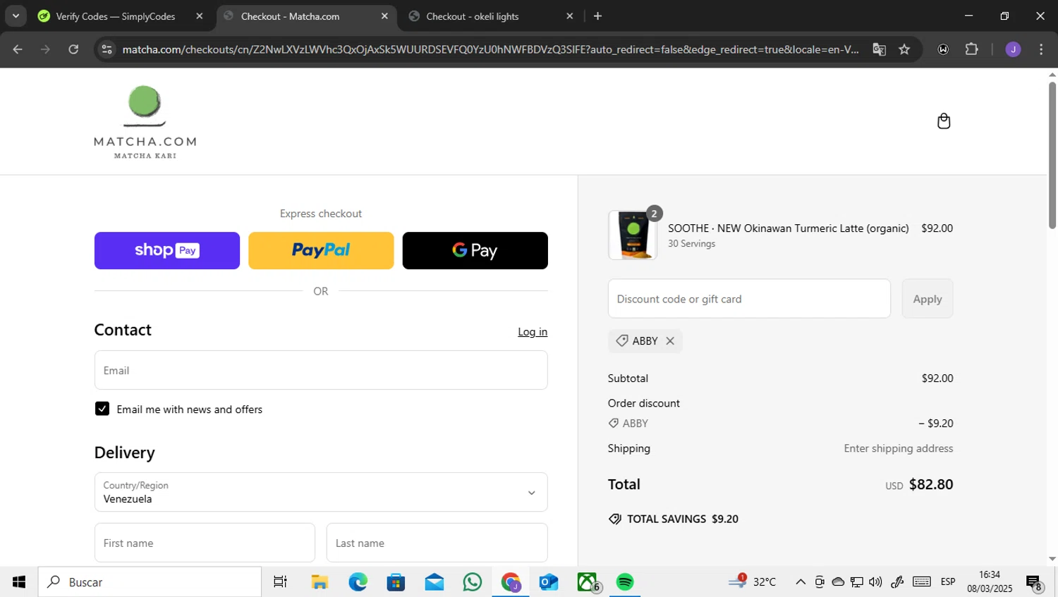 Matcha discount code screenshot showing code ABBY applied at Matcha checkout page. Uploaded by SimplyCodes community member ENCARAMESSI on Mar 8, 2025
