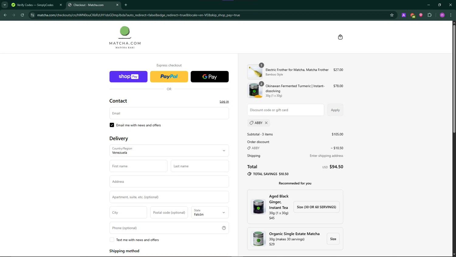 Matcha discount code screenshot showing code ABBY applied at Matcha checkout page. Uploaded by SimplyCodes community member TokenChaser4876 on Jul 19, 2025