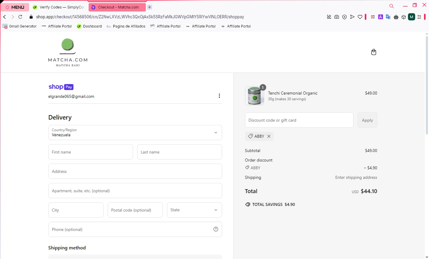 Matcha discount code screenshot showing code ABBY applied at Matcha checkout page. Uploaded by SimplyCodes community member ScanCurator288 on Mar 7, 2025