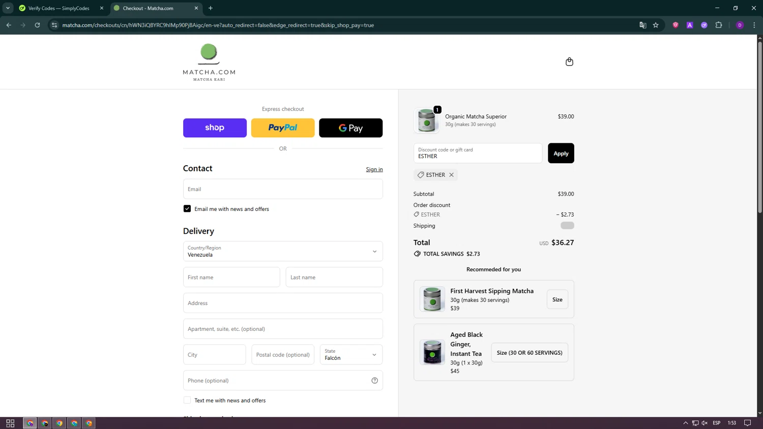 Matcha discount code screenshot showing code ESTHER applied at Matcha checkout page. Uploaded by SimplyCodes community member ValueWhiz5630 on Oct 4, 2025