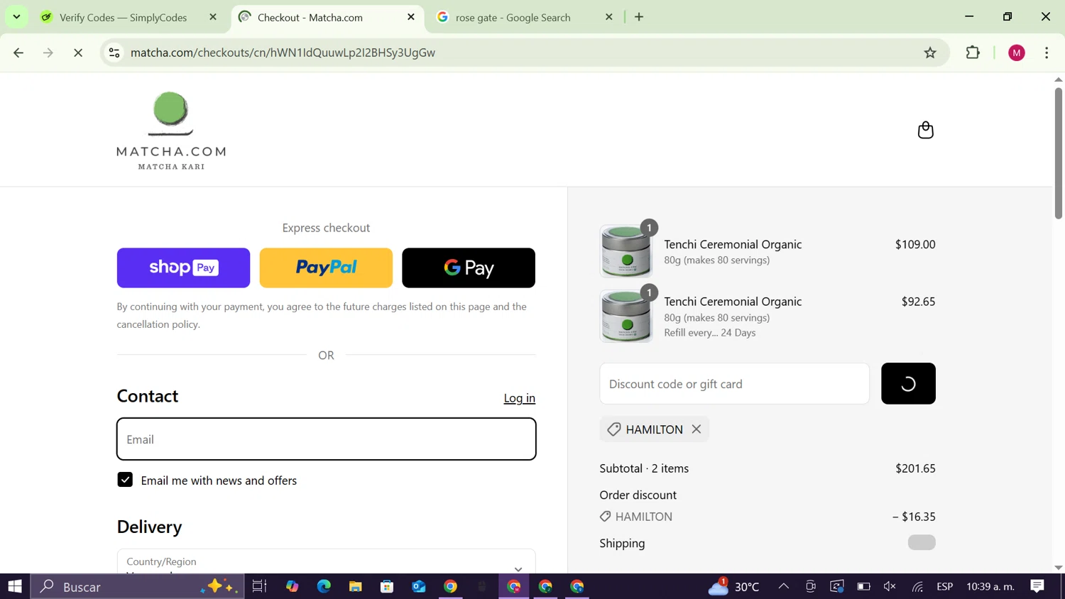 Matcha discount code screenshot showing code HAMILTON applied at Matcha checkout page. Uploaded by SimplyCodes community member CouponAce9216 on Aug 1, 2025